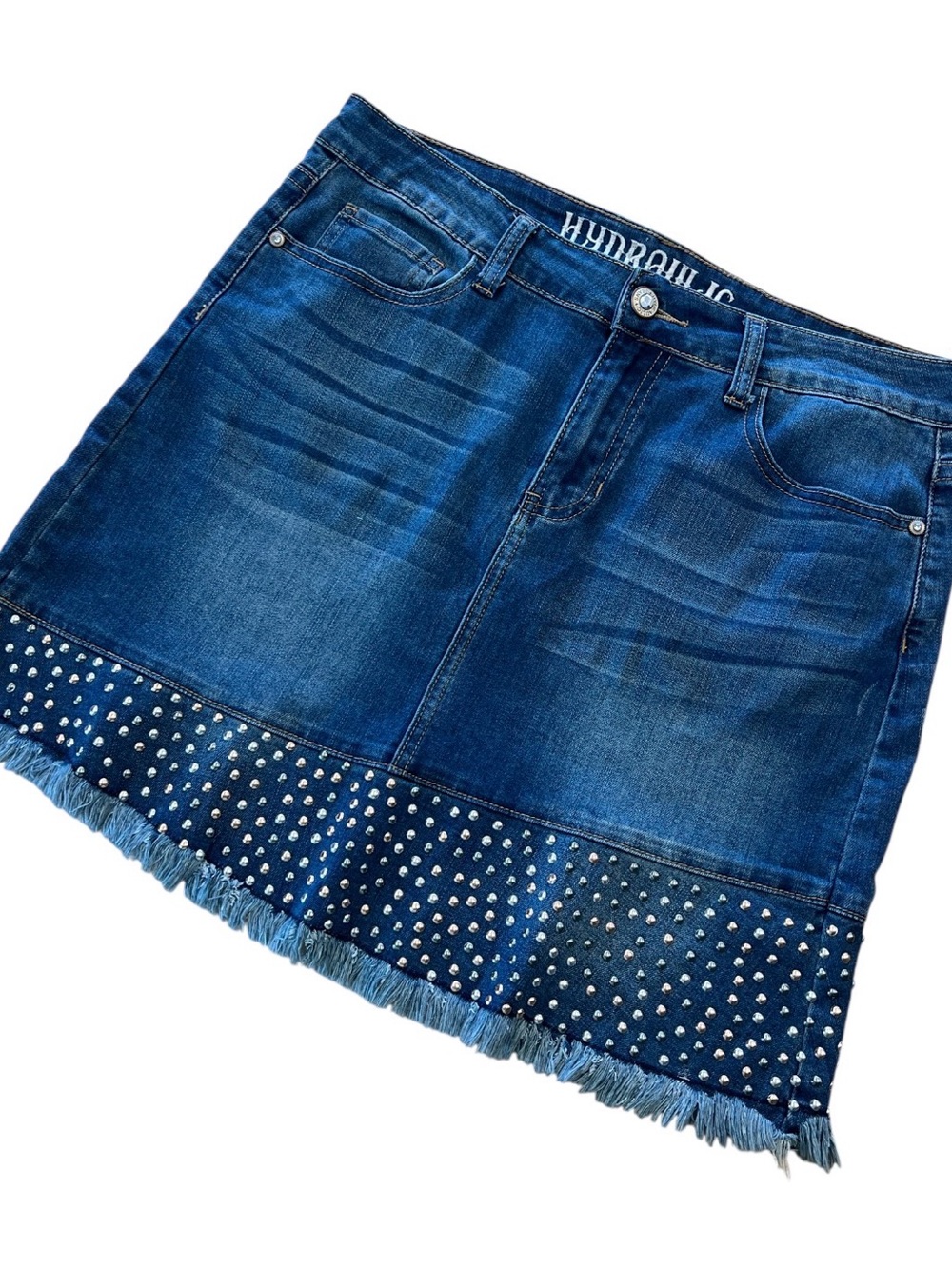 Hydraulic Blue Denim LOLA Mini mid rise Skirt with Studded Fringe Hem  Sz 12